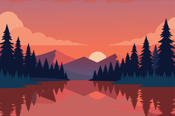 Peaceful Lake Landscape Silhouette Trees Mountain Scenery Sunset Vector Nature Illustration Outdoor Tranquil Scene Dusk Reflecting Water