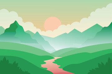 Landscape Illustration Mountain Scenery Nature Vector Background Graphic Design Scene Outdoors Travel River Stream Sunset