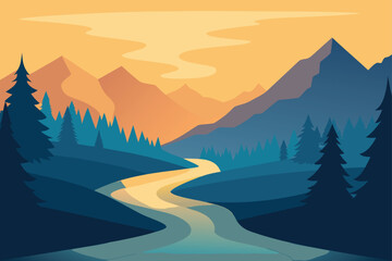 Scenic Mountain River Landscape Forest Nature Scenery Vector Illustration Wilderness Outdoor Adventure Calm Tranquility Environment Vista