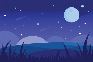 Tranquil Night Landscape Moonlight Starry Sky Vector Illustration Outdoor Nature Scenery Dark Blue Serene Scene Meadow Grass Field