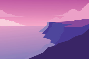 Coastal Cliffside Landscape View Vector Illustration Nature Scenic Ocean Shoreline Seaside Environment Calm Tranquil Scenery Pink Purple Sky