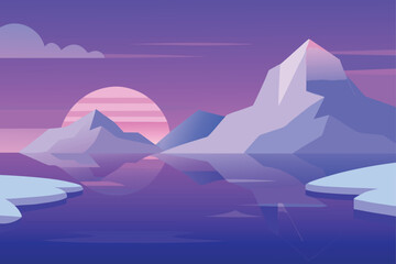 Tranquil Arctic Landscape Vector Art: Minimalist Mountain Reflection on Water, Cold Climate Scene, Nordic Exploration, Polar Scenery, Calm Nature