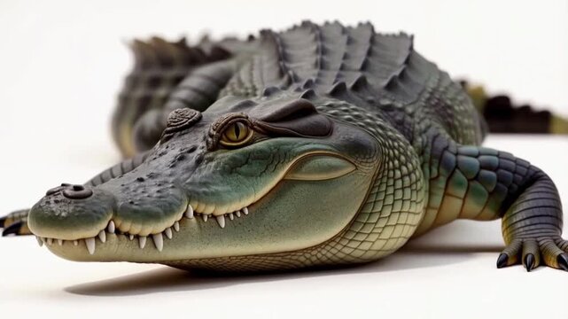 A hyper-realistic video of an alligator resting on a clean white background. Detailed rough skin, long snout, and muscular tail.