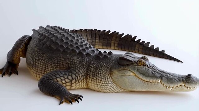 A hyper-realistic video of an alligator resting on a clean white background. Detailed rough skin, long snout, and muscular tail.
