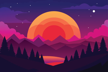 Sunset Vector Background Abstract Dark Scenery with Mountains Trees Illustration