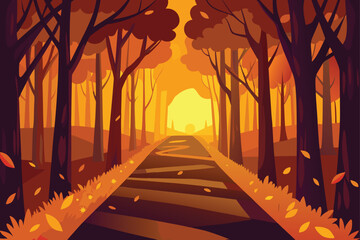 Fall Path Illustration Autumn Season Road Through Woods Vector Forest Trail Landscape Scene Nature Scenery Outdoor Background Graphic Design
