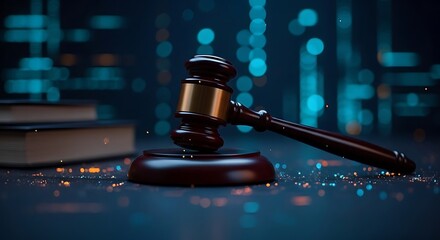 Gavel and Books on a Digital Background with Bokeh Lights