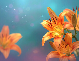 Delicate lily blooms, soft pastel hues, ethereal, and romantic backdrop in teal tones. Dreamy floral background with gentle orange flowers, soft bokeh sparkles, and space for text.
