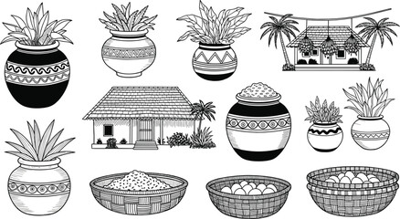 Traditional South Asian village life set, featuring tropical houses, decorative clay pots, house plants, and woven baskets with food, detailed line vector illustration