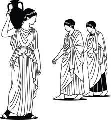 Ancient Greece or Rome figures, woman carrying amphora vase, men in togas, classical antique style, historical art illustration, black and white vector drawing