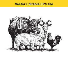 Vintage illustration of farm animals including a cow, pig, goat, and rooster