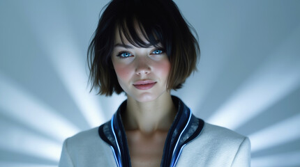 Young Woman with Blue Eyes in a Sci-Fi Blazer