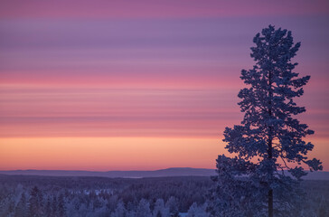 Sunset in the mountains in Lapland Finland