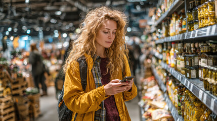 Young woman with curly hair focuses on her smartphone while shopping in a bright grocery store aisle. She uses mobile technology for list checking or communicating.