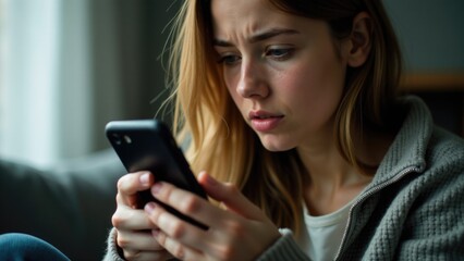 Fototapeta premium A woman sits on a couch, looking at her cell phone