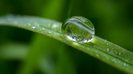 Single large water droplet rests perfectly balanced upon a vibrant green blade of grass