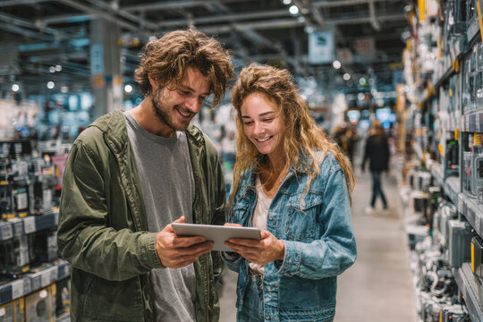 Young happy couple smiling and interacting with a digital tablet while shopping in a modern electronics store. They are looking at products together.