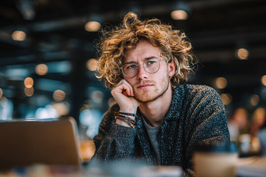 Young man with curly hair and stylish glasses sitting thoughtfully at a table. He looks directly at the camera in a modern cafe environment with bokeh lights.