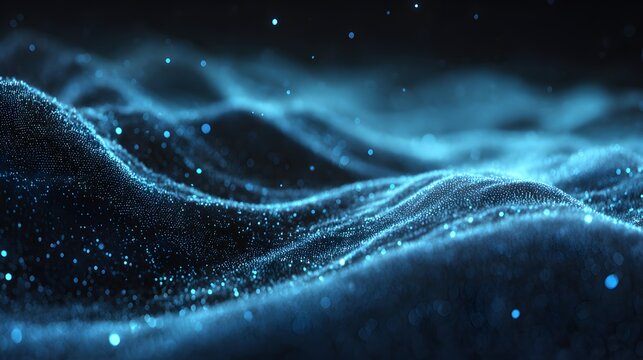 Abstract digital wave pattern composed of glowing particles flows across a dark background