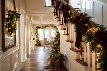 Beautiful holiday staircase in grand entryway, adorned with pine garland, burgundy bows and warm fairy light reflections, shallow depth creating moody inviting Christmas ambiance