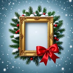 Golden ornate frame with christmas tree and red bow