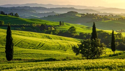 Rolling green hills in sunlight, with tall trees. Hazy mountains in distance. Scenic landscape, peaceful view