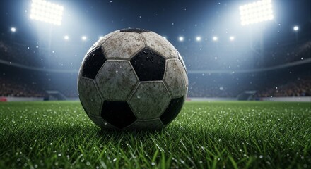 Fototapeta premium Worn soccer ball on a green grass pitch in a brightly lit stadium at night.