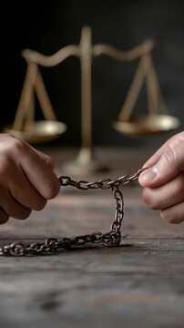 Hands gripping and breaking a chain symbolize the fight for freedom and justice. The backdrop features scales representing balance and equality, emphasizing the pursuit of human rights