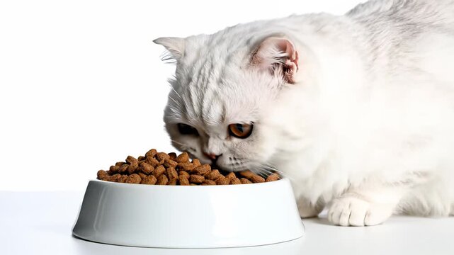 A white cat pauses to savor its meal from a nutritious kibble filled bowl amidst warm lighting and cozy atmosphere, capturing the concept of healthy living and self care, perfect for pet health.