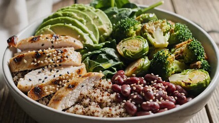 A nutritious bowl filled with chicken, beans, broccoli, and grapes sits as a symbol of healthy living inspired by Buddha's presence, perfect for health and wellness advertising.