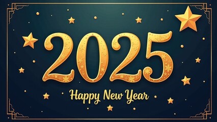 A bright and cheerful illustration of a Happy New Year card filled with gold stars, ideal for greeting cards or party decorations