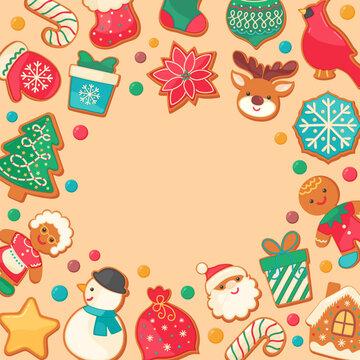 Christmas gingerbread cookies frame. Copy space. Holiday bakery sugar cookie shapes on beige background. Cartoon border sweet food vector illustration. Cute design for card, packaging, poster, flyer.
