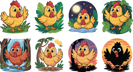 Fototapeta premium Cheerful Cartoon Chicken Characters in Natural Settings and Silhouettes Keywords: chicken, hen, rooster, chick, cartoon, cute, kawaii, character, illustration, drawing, farm animal, bird, animal