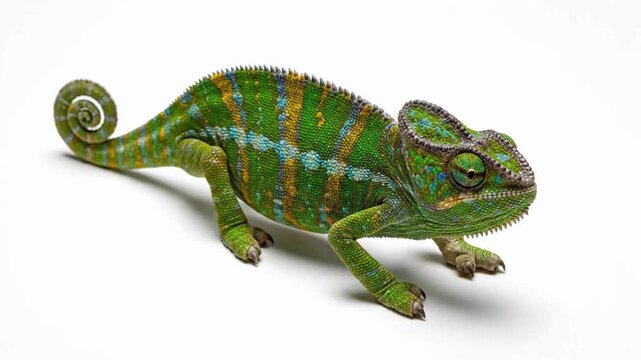 A detailed video of a colorful chameleon standing still on a clean white seamless background. Fine skin texture, vivid color gradients, and curled tail shown in cinematic realism.