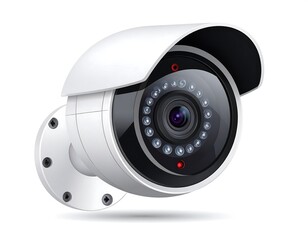 A close-up view of a security camera with a white casing, lens, and a circular array of infrared LEDs around the central lens
