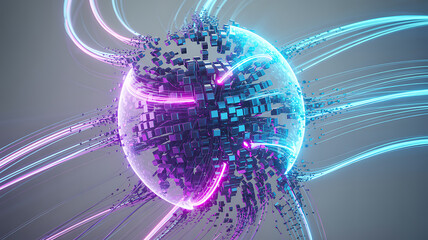 Futuristic 3D digital explosion of glowing circuit boards, data streams, and energy particles symbolizing artificial intelligence, innovation,high-tech evolution,power of modern digital transformation