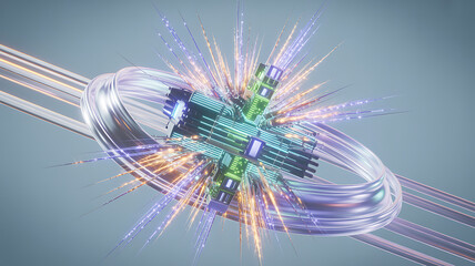 Futuristic 3D digital explosion of glowing circuit boards, data streams, and energy particles symbolizing artificial intelligence, innovation,high-tech evolution,power of modern digital transformation