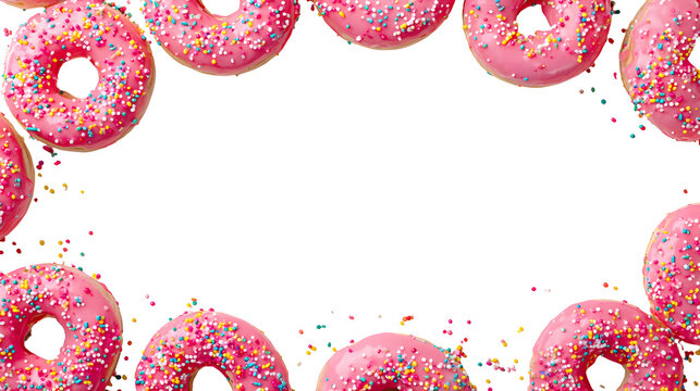 Pink frosted donuts with colorful sprinkles form a border on black background