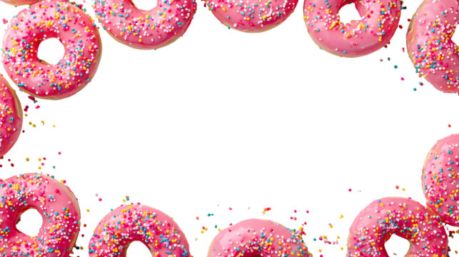 Pink frosted donuts with colorful sprinkles form a border on black background