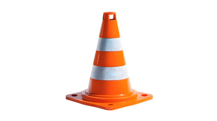 Bright orange traffic cone with reflective stripes on black background