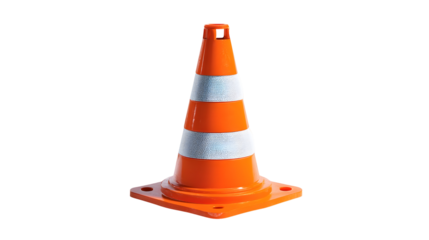 Bright orange traffic cone with reflective stripes on black background
