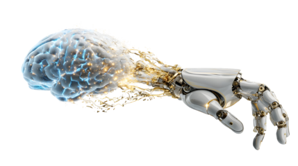 Robotic hand merging with human brain: ai technology concept
