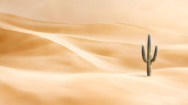 A single cactus stands out in the expansive sandy desert where gentle sand dunes form a serene natural scene.