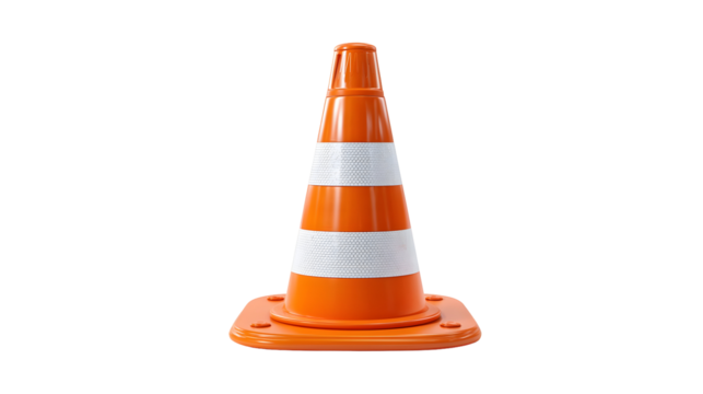 Orange and white traffic cone with reflective stripes on a white background