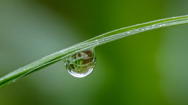 Single large dewdrop reflects surrounding foliage suspended from a vibrant green blade
