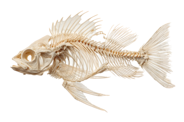 Detailed side view of fish skeleton anatomy on black background