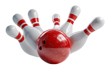 Dynamic red bowling ball striking pins with motion impact