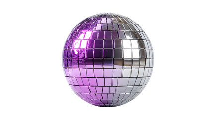 Purple-tinted mirrored disco ball with metallic tiles on black background