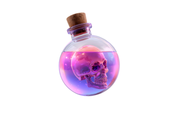 Glowing purple potion bottle with floating skull