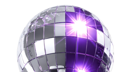 Close-up of reflective disco ball with purple and white light bursts